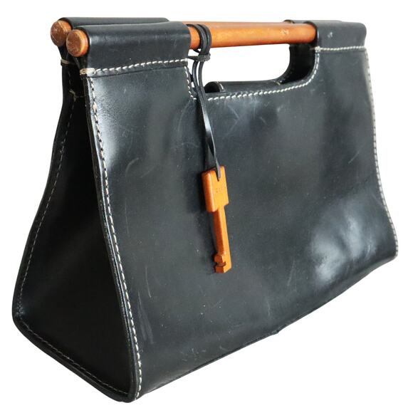 Fossil Handbags - Vintage 90s Y2K Fossil Black Leather Clutch Bag Wooden Handles Key Wood Boho